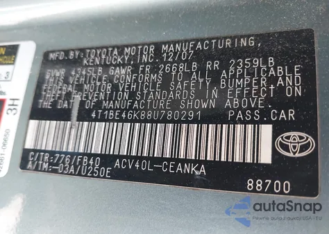 2008 Toyota Camry Le z USA, uszkodzony, nr VIN 4T1BE46K88U780291